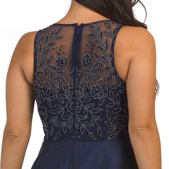 ADRIANNA PAPELL NAVY TAFFETA SKIRT GOWN ILLUSION BEAD TOP EMBROIDERED SEQUINED - Picture 4 of 4